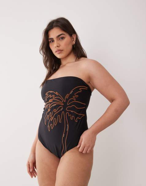 ASOS DESIGN Curve Cornelia bandeau swimsuit with embroidery detail in mono - view 1