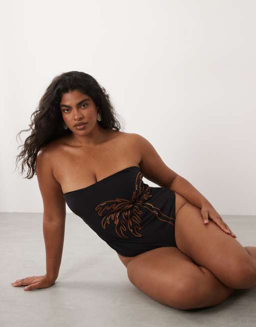 ASOS DESIGN Curve - Cornelia - Costume da bagno a fascia monocromatico con ricamo, 3 di 4