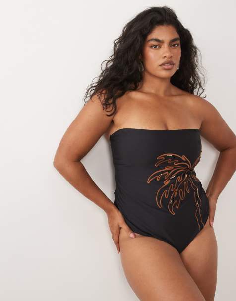 ASOS DESIGN Curve – Cornelia – Czarno-biały strój kąpielowy z dekoltem bandeau i haftowanym detalem - view 1