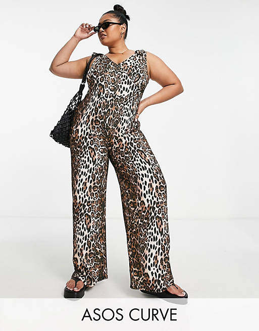 Asos Women Clothing Underwear Bras Corsets ASOS DESIGN Curve corset detail jumpsuit in leopard print 