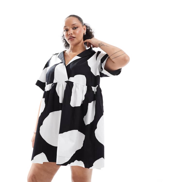 ASOS DESIGN Curve corset hem mini shirt dress with revere collar in mono  smudge print | ASOS