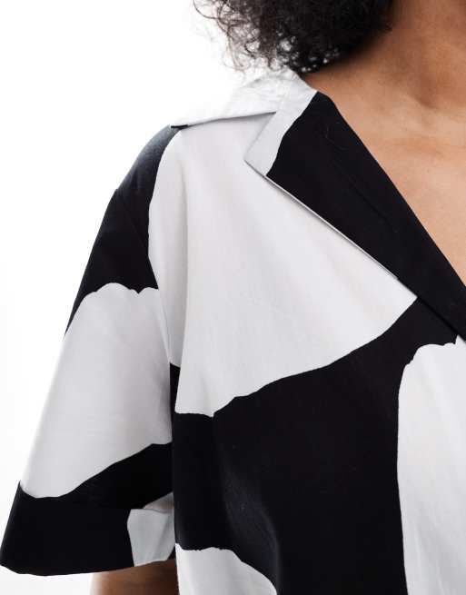 ASOS DESIGN Curve corset hem mini shirt dress with revere collar in mono  smudge print | ASOS