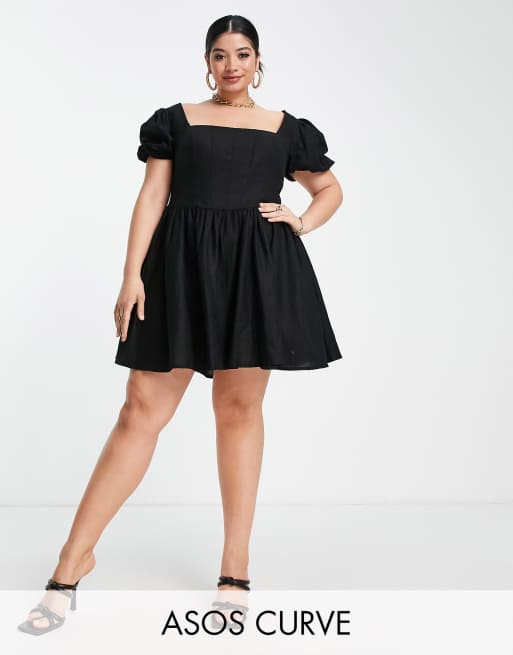 ASOS DESIGN Curve corset linen skater with sleeve in black | ASOS