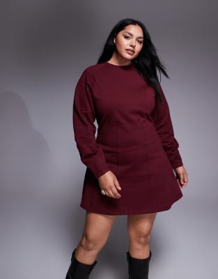 ASOS DESIGN Curve corset waist cotton mini sweatshirt dress in burgundy-Red