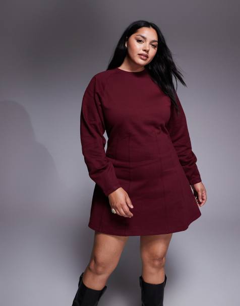 ASOS DESIGN Curve corset waist cotton mini sweatshirt dress in burgundy - view 1