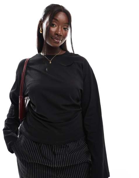 ASOS DESIGN Curve corset waist long sleeve tee in black - view 1