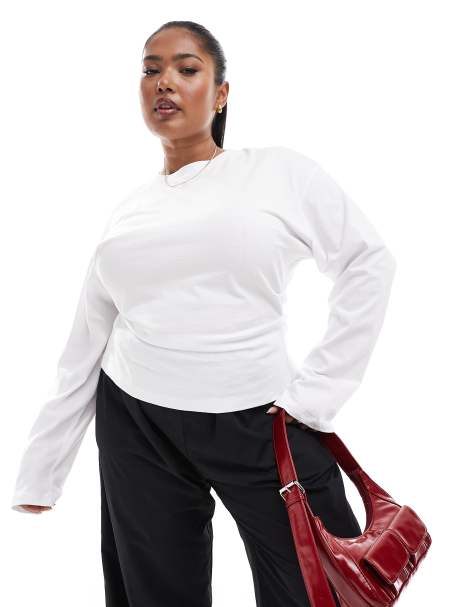 ASOS DESIGN Curve corset waist long sleeve tee in white - view 1