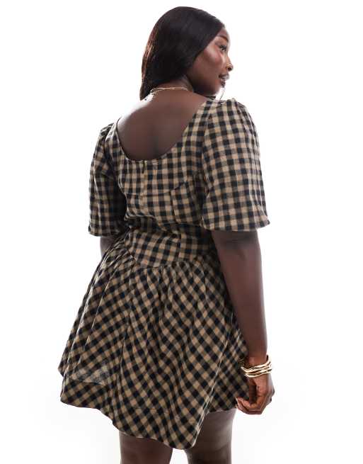 ASOS DESIGN Curve corset waist mini smock dress in brown and black gingham