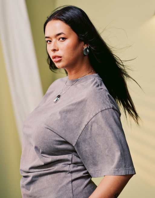 ASOS DESIGN Curve corset waist t-shirt in washed gray