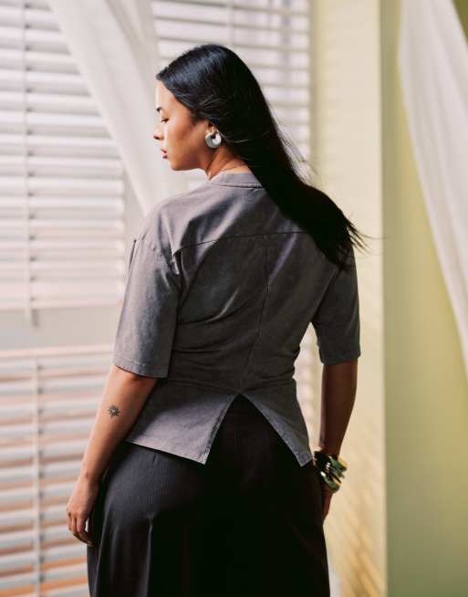 ASOS DESIGN Curve corset waist t-shirt in washed gray