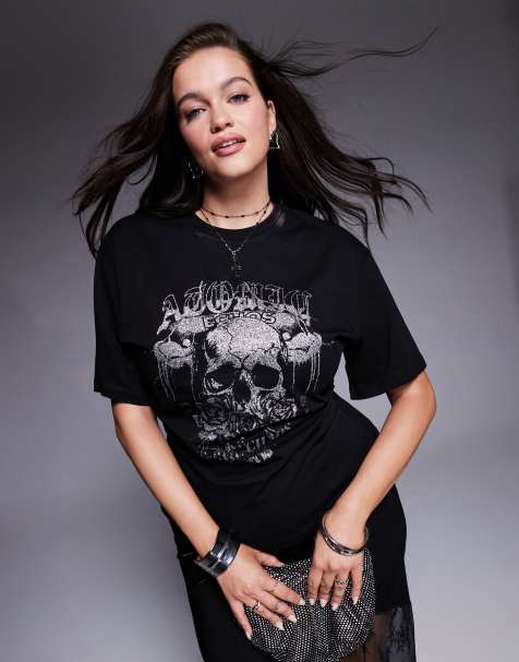 ASOS DESIGN Curve corset waist tee with hotfix skull in black - view 1
