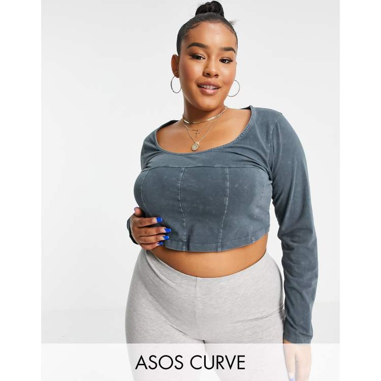 Asos Donna Abbigliamento Top e t-shirt T-shirt T-shirt a maniche lunghe Corsetto a maniche lunghe slavato con cuciture a vista ASOS DESIGN Curve 