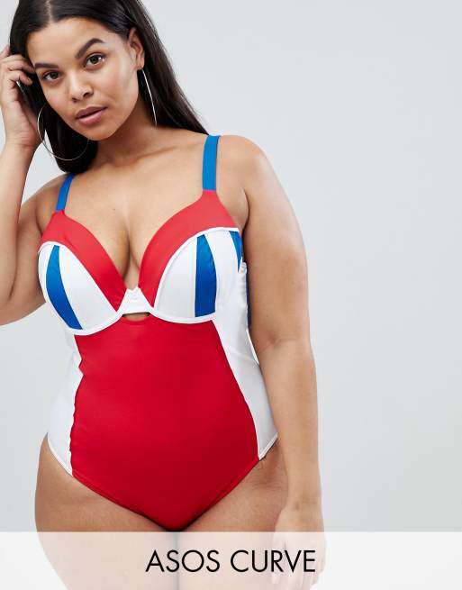 ASOS DESIGN Curve - Costume da bagno a blocchi di colore con coppe sagomate e ferretto