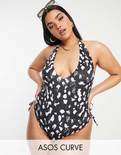 ASOS DESIGN Curve - Costume da bagno allacciato al collo con allacciatura regolabile nero e bianco a pois 