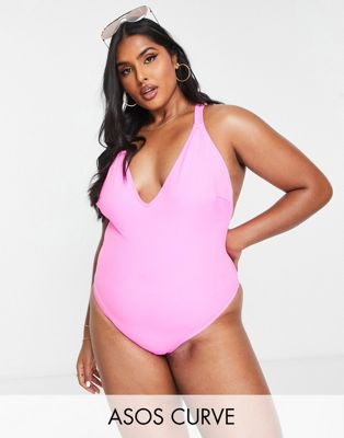 ASOS DESIGN Curve T back swimsuit in bright pink  - ASOS Price Checker