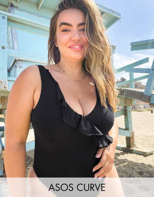 ASOS DESIGN Curve - Costume da bagno con volant e scollo profondo, colore nero