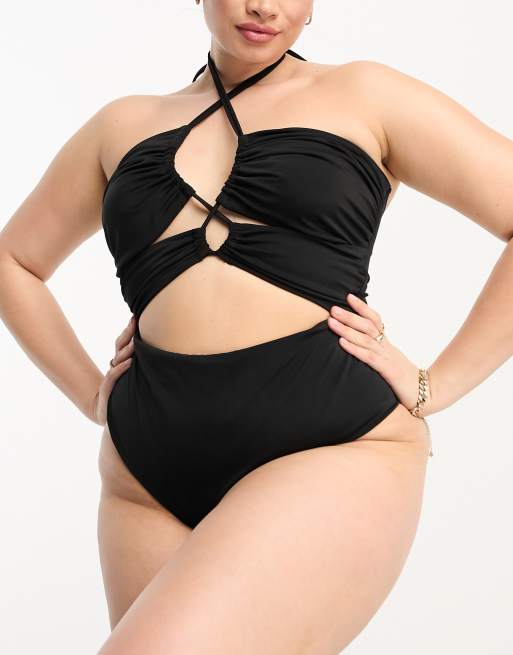 ASOS DESIGN Curve - Costume da bagno nero con incrocio al collo e apertura a goccia 