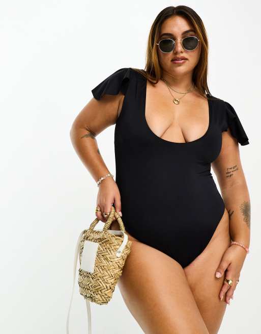 ASOS DESIGN Curve - Costume da bagno nero con scollo profondo e maniche con volant , 4 di 4