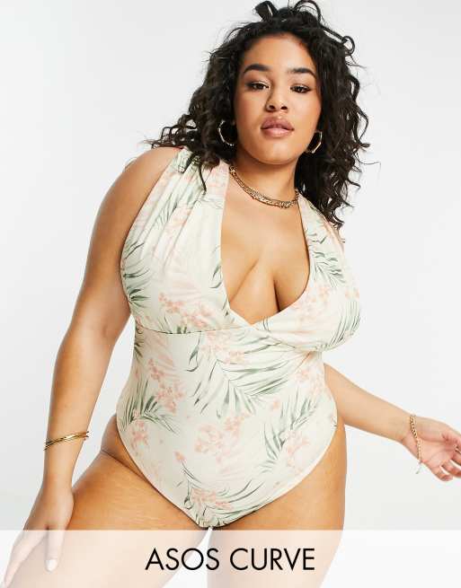 ASOS DESIGN Curve - Costume da bagno raccolto in vita con stampa di palme e scollo profondo