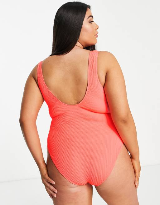 ASOS DESIGN Curve Costume da bagno stropicciato color corallo