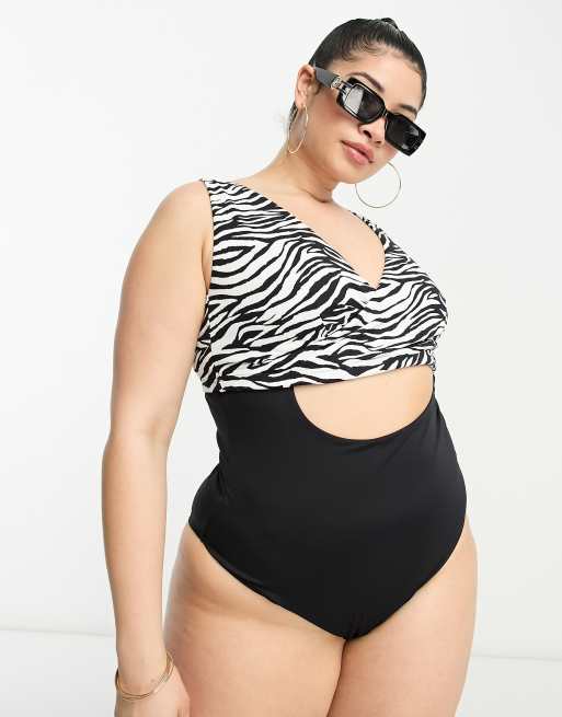 ASOS DESIGN Curve - Costume da bagno zebrato misto color block, 4 di 4