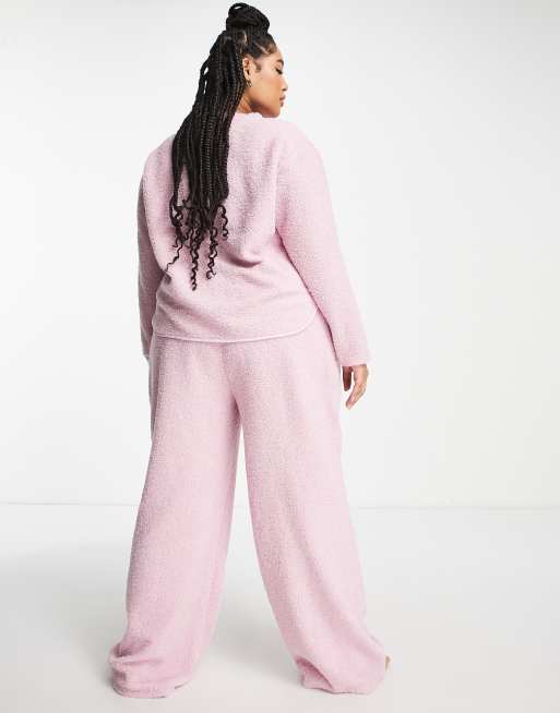 ASOS DESIGN Curve cosy lounge borg sweat & pants set in pink, 2 of 4
