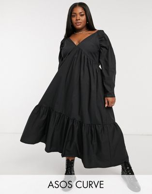 ASOS DESIGN Curve cotton babydoll midi dress with pephem in black | ASOS