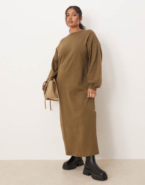 ASOS DESIGN Curve cotton balloon sleeves midi sweatshirt dress in khaki - view 1