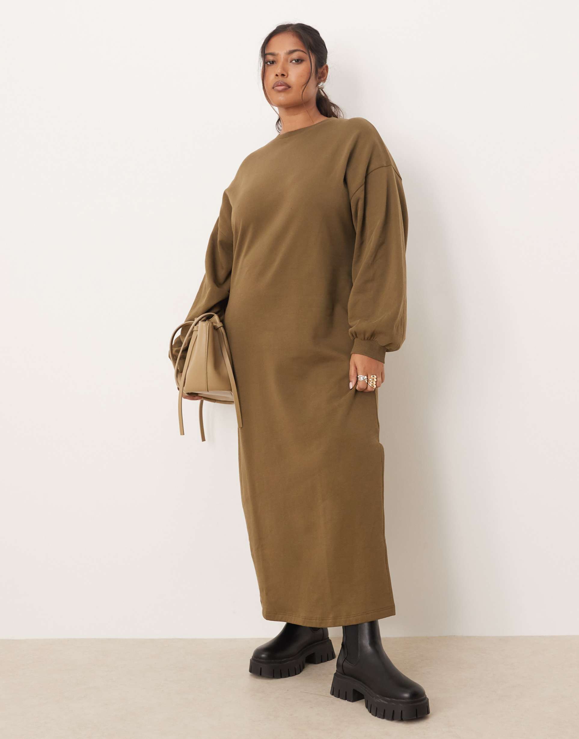 asos design curve cotton balloon sleeves midi sweatshirt dress in khaki
