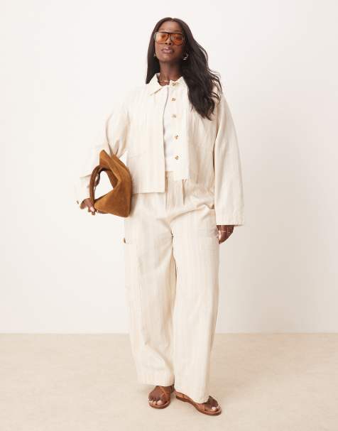ASOS DESIGN Curve cotton barrel leg trousers and jacket with pocket detail co-ord in ecru stripe - view 1