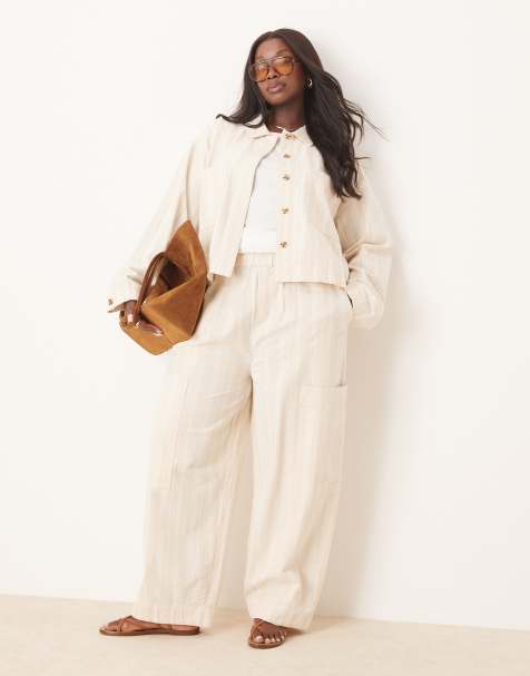 ASOS DESIGN Curve cotton barrel leg trousers with utility pockets co-ord in ecru stripe - view 1