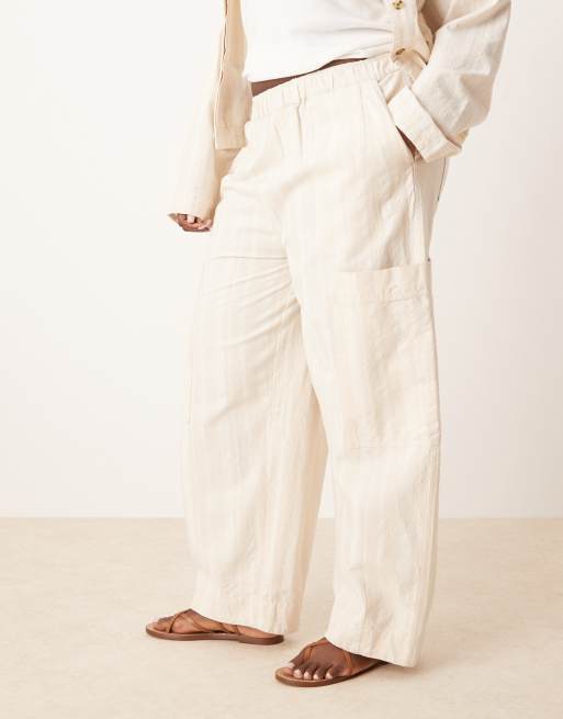ASOS DESIGN Curve cotton barrel leg trousers with utility pockets co-ord in ecru stripe, 2 of 5