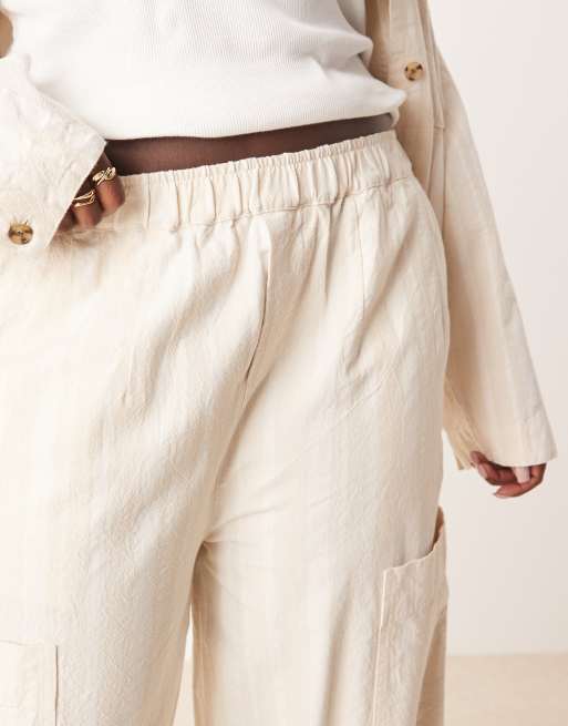 ASOS DESIGN Curve cotton barrel leg trousers with utility pockets co-ord in ecru stripe, 3 of 5