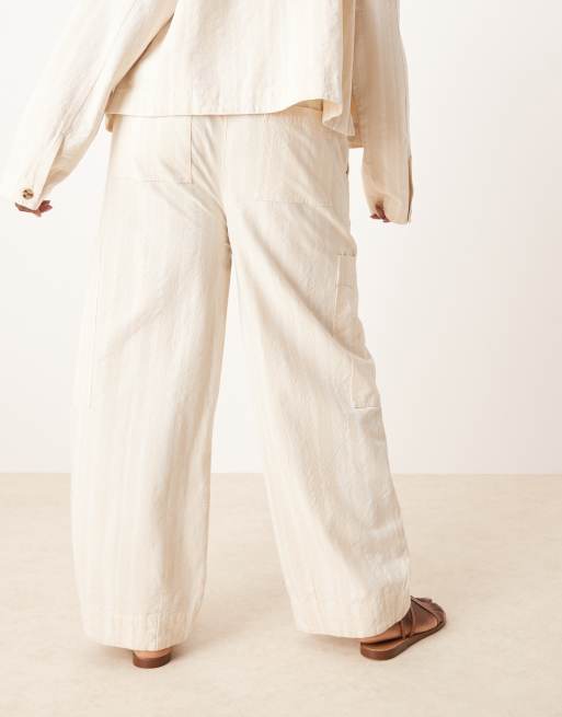ASOS DESIGN Curve cotton barrel leg trousers with utility pockets co-ord in ecru stripe, 4 of 5