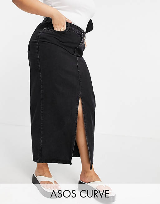 ASOS DESIGN Curve cotton blend denim 90s midi skirt in washed black - BLACK  | ASOS