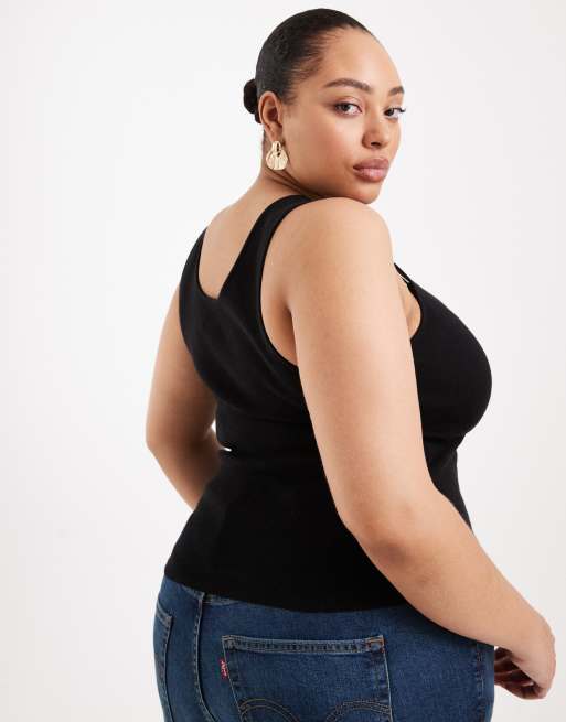 ASOS DESIGN Curve cotton blend knit scoop neck cami top in black, 2 of 4
