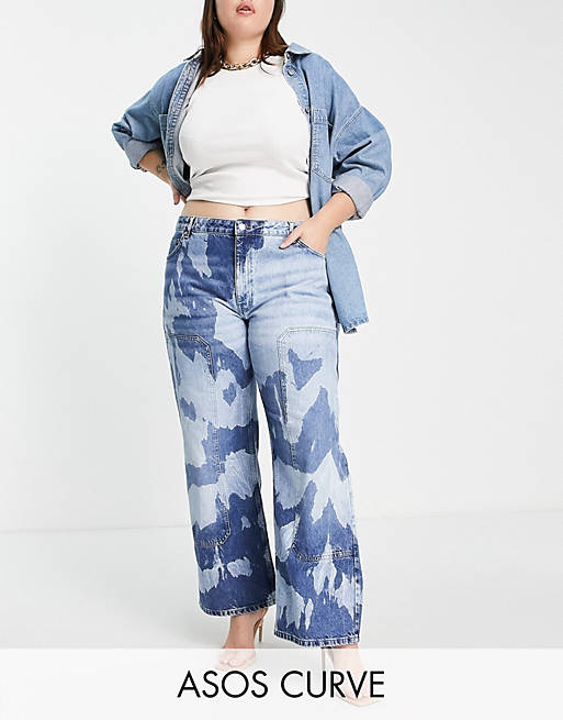ASOS DESIGN Curve cotton blend low rise 'relaxed' dad jeans in tie dye with utility patches - MBLUE