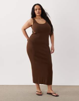 Asos Curve Asos Design Curve Cotton Blend Scoop Back Dress In Brown