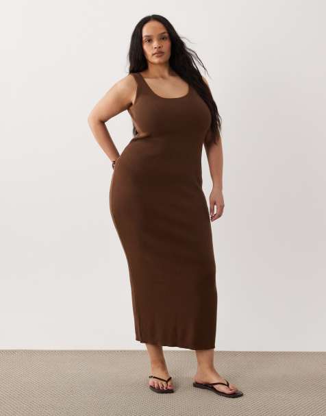 ASOS DESIGN Curve cotton blend scoop back dress in chocolate - view 1