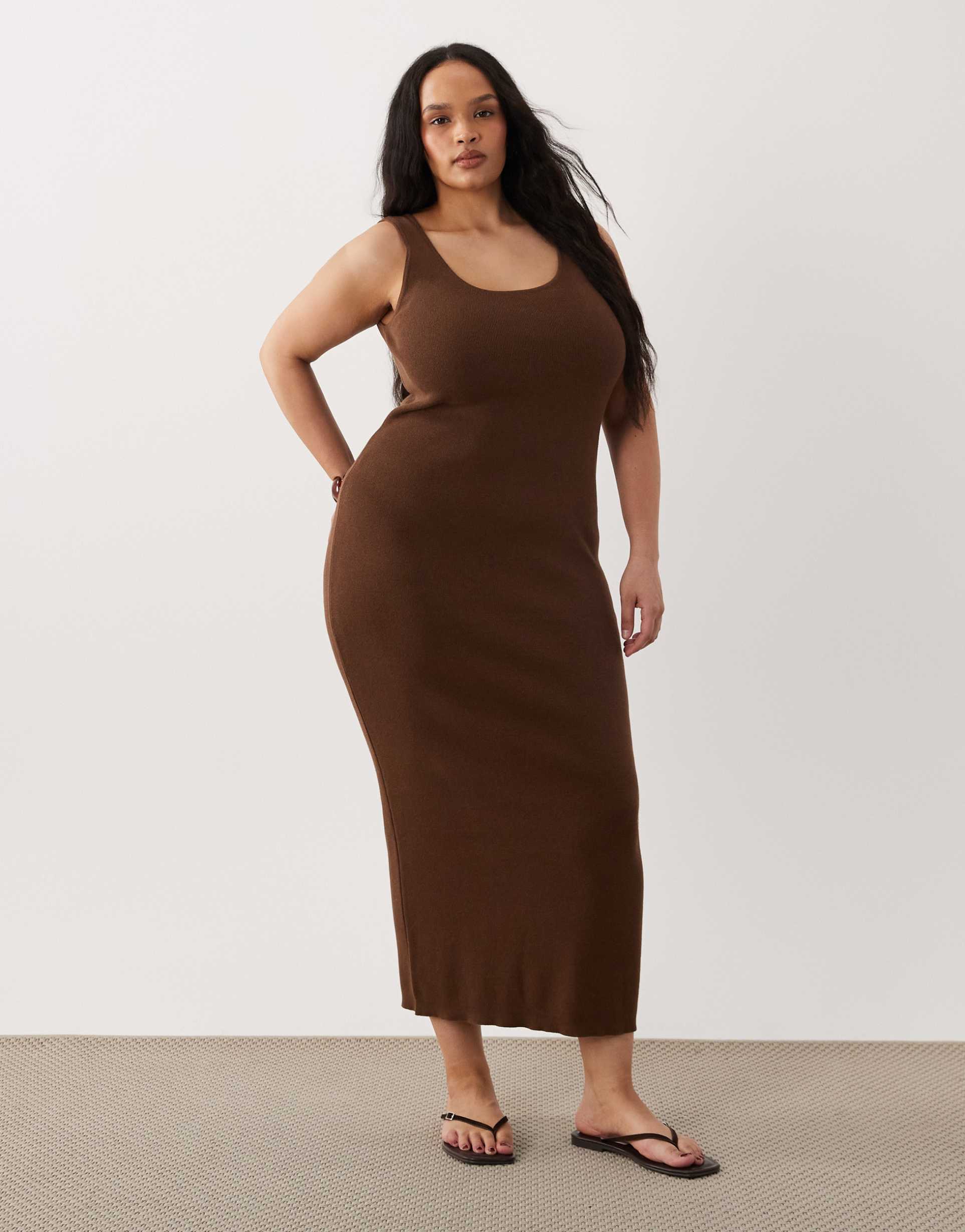 asos design curve cotton blend scoop back dress in chocolate