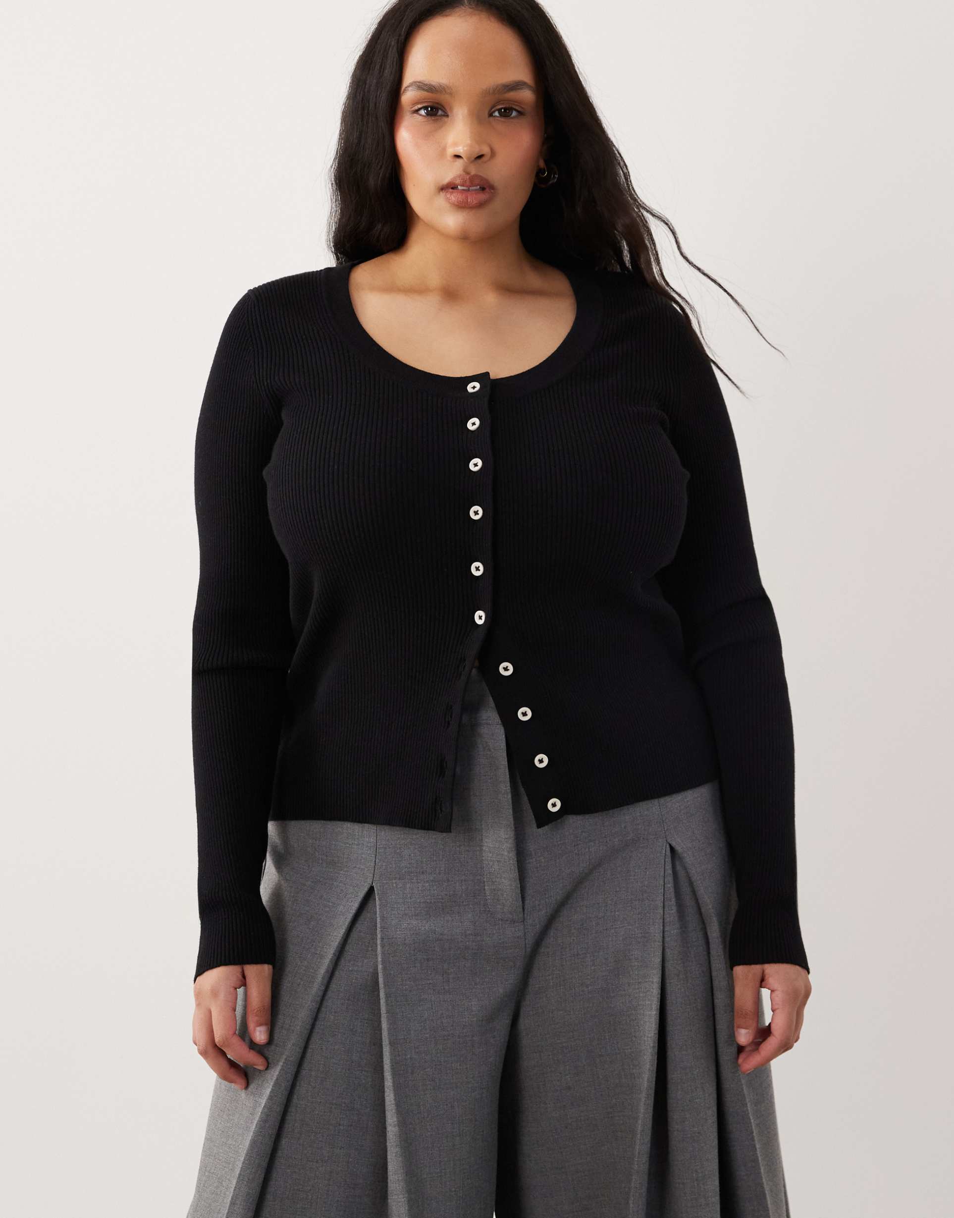 asos design curve cotton blend wide scoop cardigan with contrast buttons in black