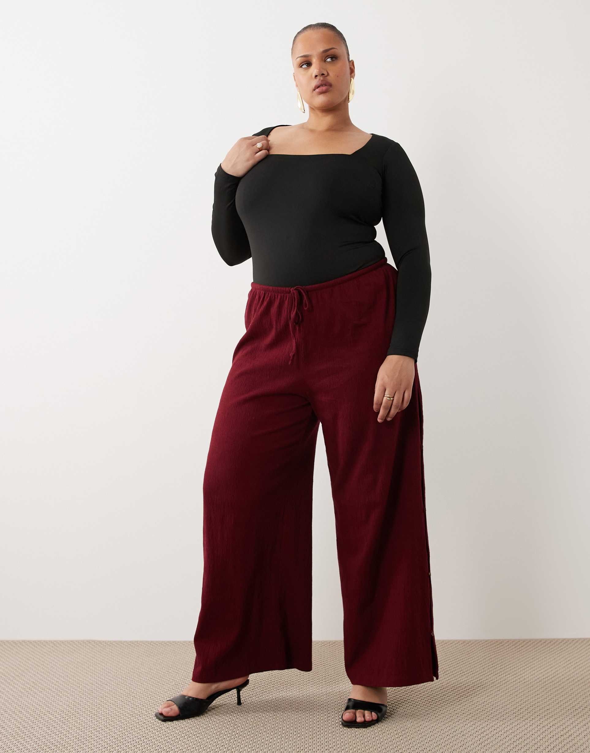 asos design curve cotton crinkle wide leg pants in berry