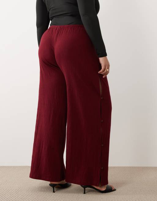 ASOS DESIGN Curve cotton crinkle wide leg pants in berry, 5 of 5