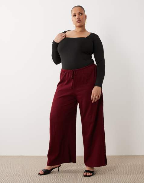 ASOS DESIGN Curve cotton crinkle wide leg trouser in berry - view 1