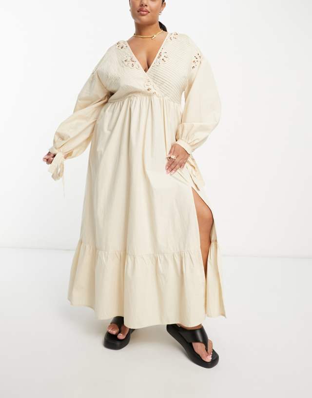 ASOS DESIGN Curve cotton crochet pintuck maxi dress in vintage cream 2