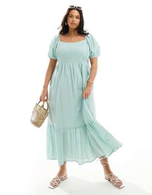 ASOS Curve ASOS DESIGN Curve cotton dobby midi dress with lace up back in sage-Green