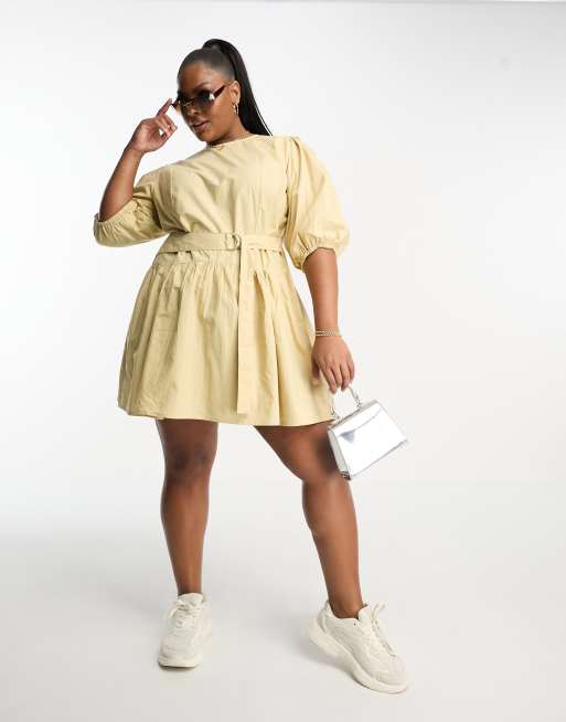 ASOS DESIGN Curve cotton drop waist mini dress with D-ring in camel, 4 of 4