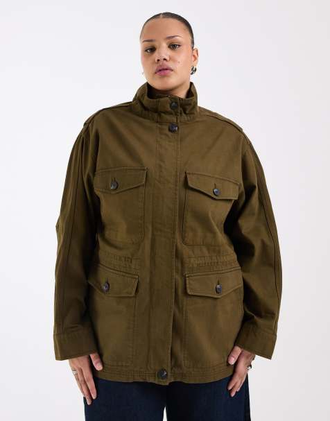 ASOS DESIGN Curve cotton four pocket parka jacket in khaki - view 1