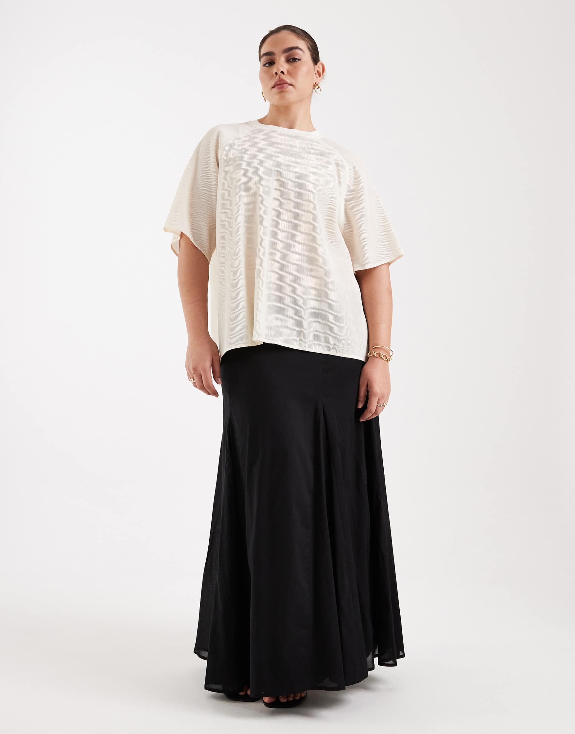 asos design curve cotton godet maxi skirt in black