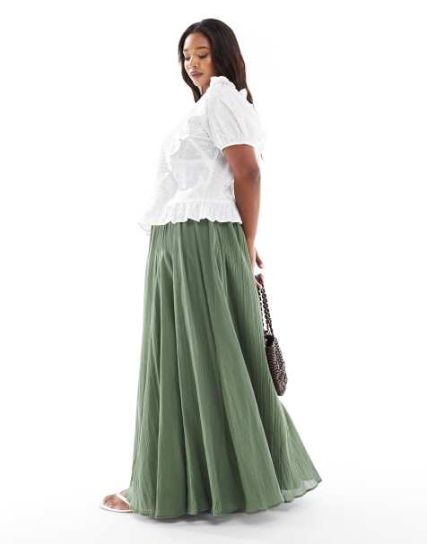 ASOS DESIGN Curve cotton godet maxi skirt in khaki - view 1